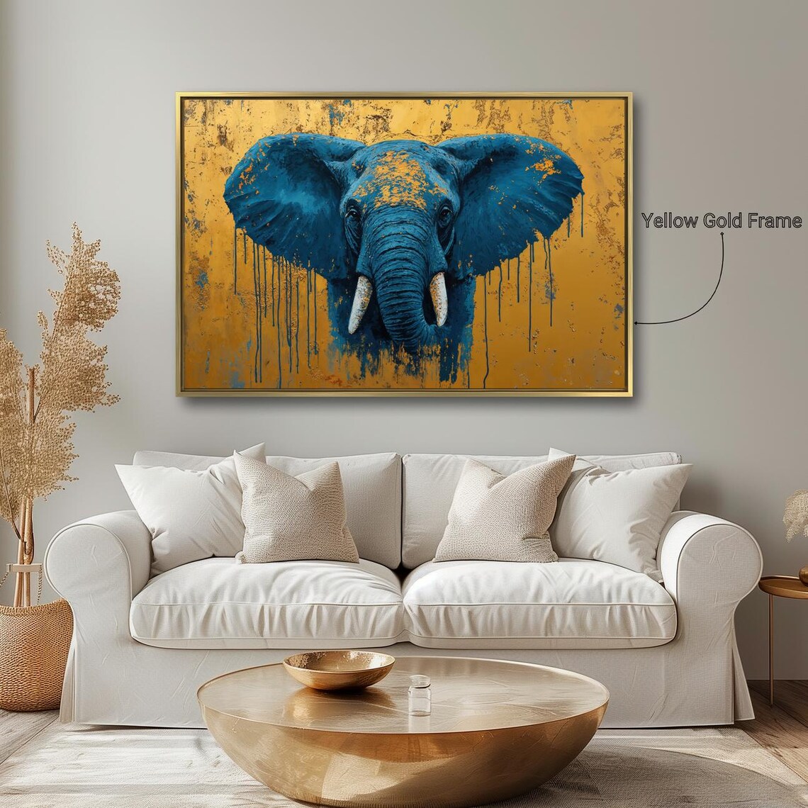 Blue Elephant Face Front View Gold Drip Background Abstract Wildlife Poster - Image 2