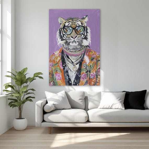 Quirky Tiger Framed Canvas Print Surreal Fashion Animal With Glasses Funny Abstract Art Vibrant Stylish Wall Decor Ready To Hang