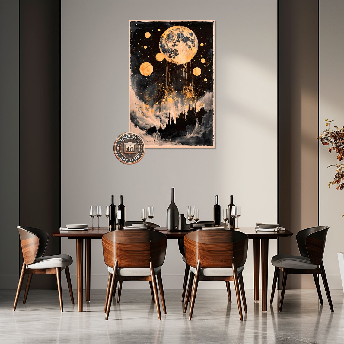 Golden Dripping Moons Over Dark Forest Silhouette Night Poster - Image 3