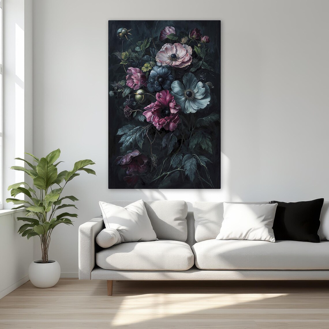 Gothic Dark Floral Bouquet on Black Background Botanical Wall Art