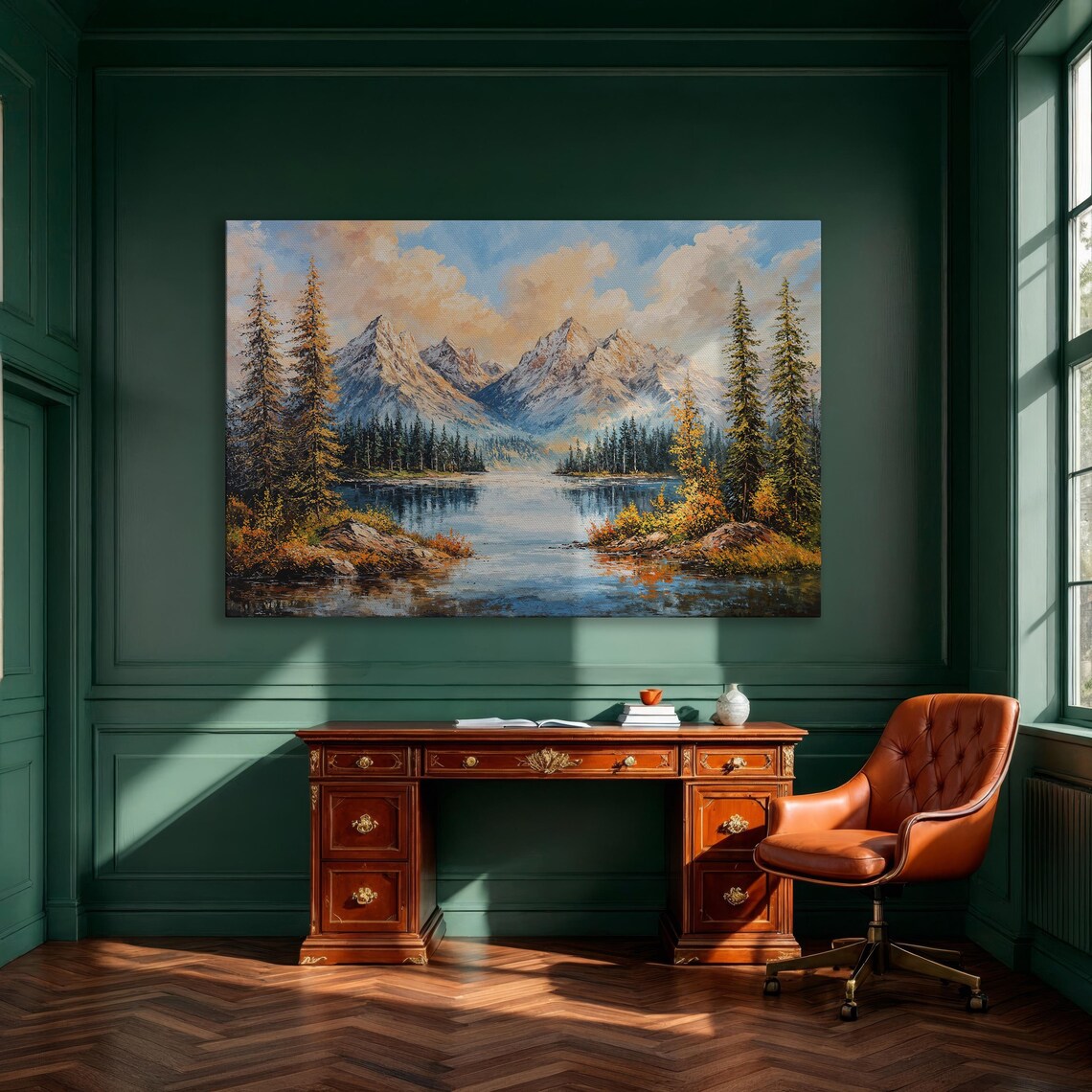 Snowy Mountain Lake With Autumn Pines Scenic Oil Painting Poster