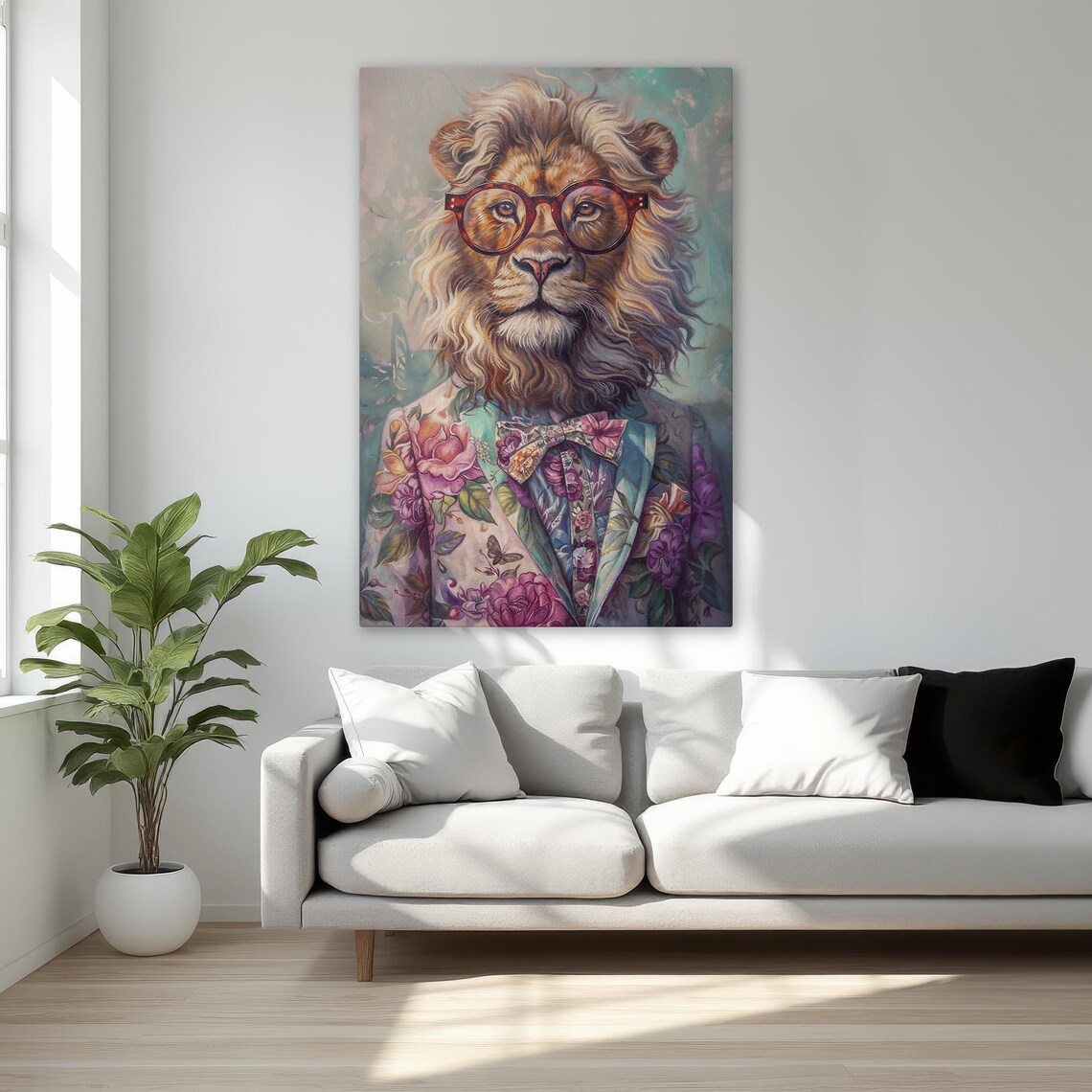 Lion Wearing Glasses Floral Suit Fantasy Animal Portrait Poster