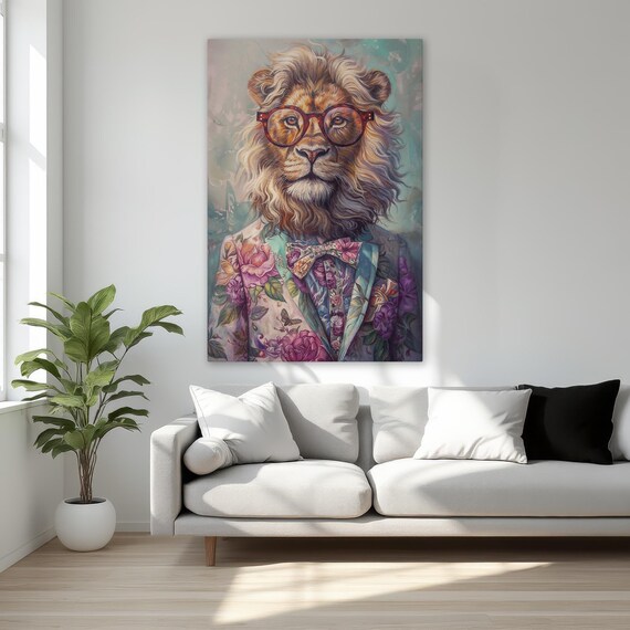 Surreal Lion In Glasses Framed Canvas Print Fantasy Animal Floral Suit King Artwork Stylish Wall Decor Ready To Hang