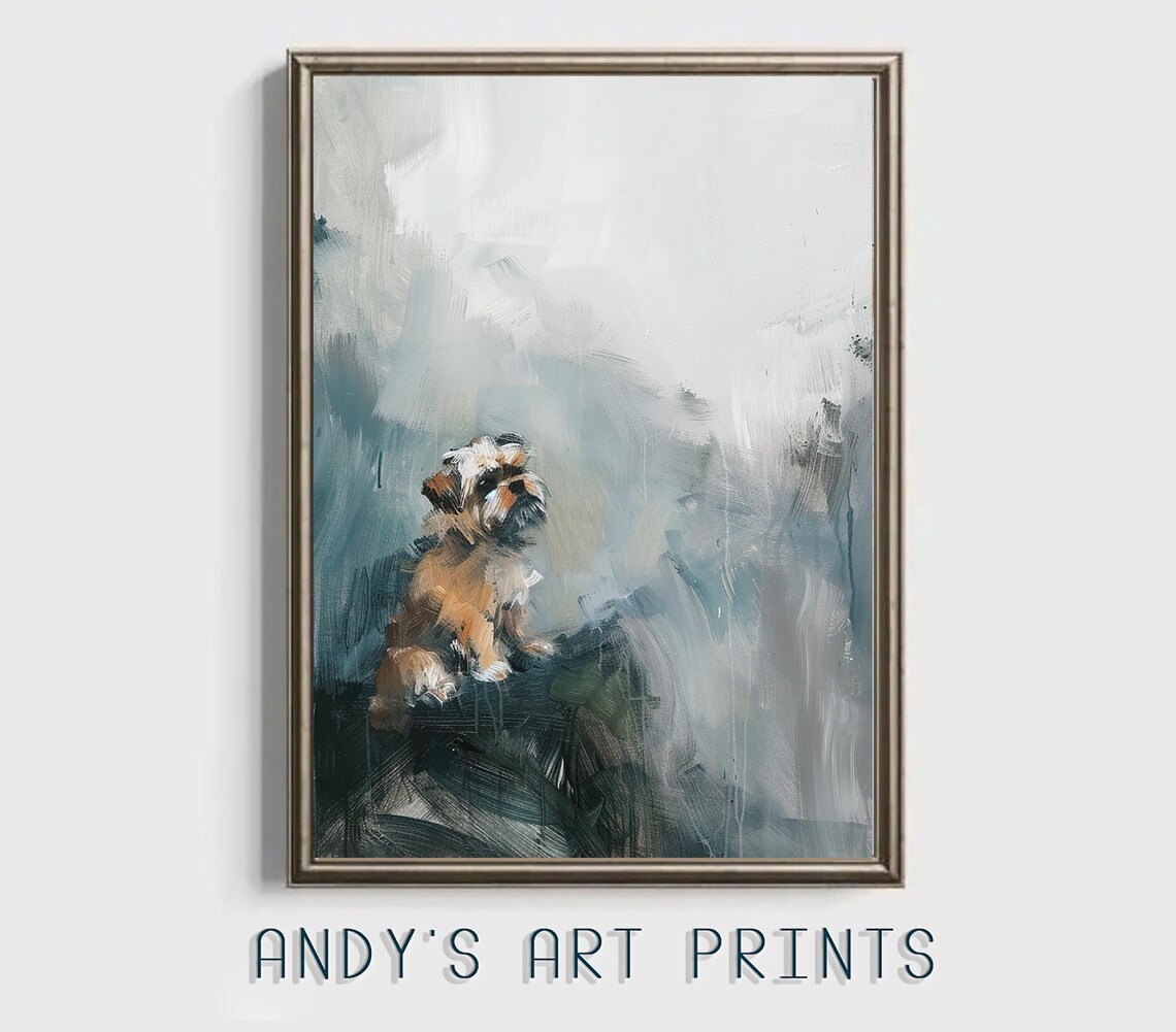 Small Scruffy Dog Sitting In Misty Grey Minimalist Painting Print - Image 3