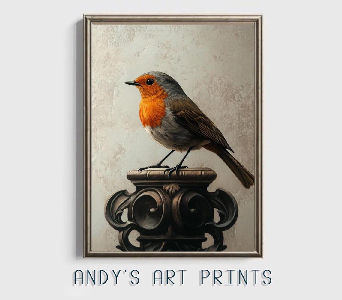 Robin Perched On Ornate Stone Pedestal Vintage Style Art Poster