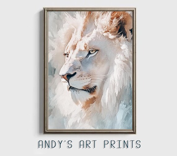 White Lion Close Up Portrait In Soft Grey Oil Painting Art Print
