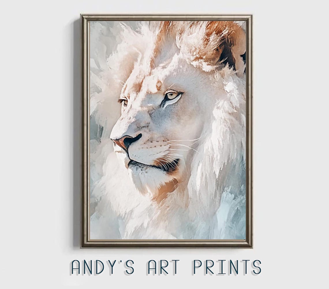 White Lion Close Up Portrait In Soft Grey Oil Painting Art Print