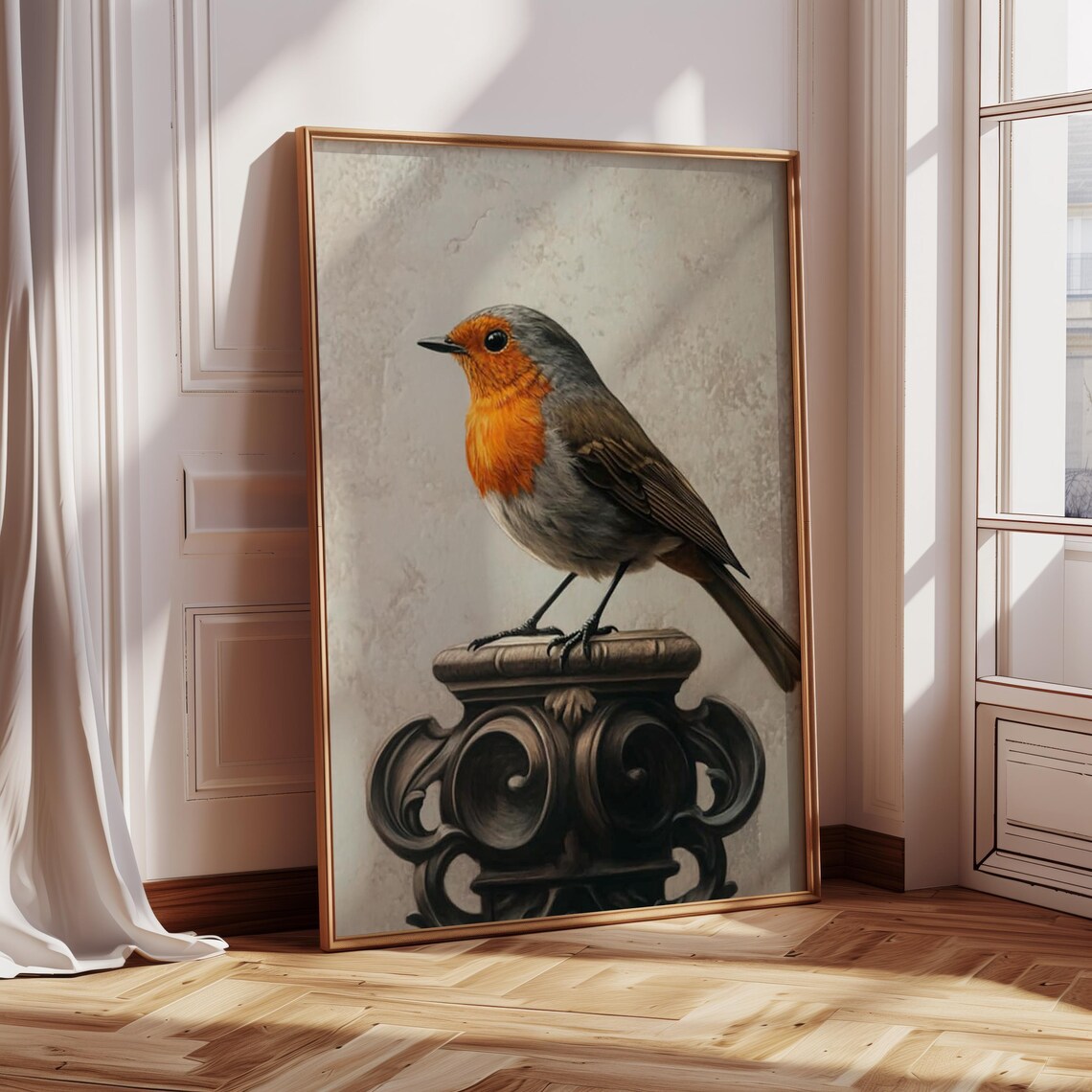 Robin Perched On Ornate Stone Pedestal Vintage Style Art Poster - Image 3