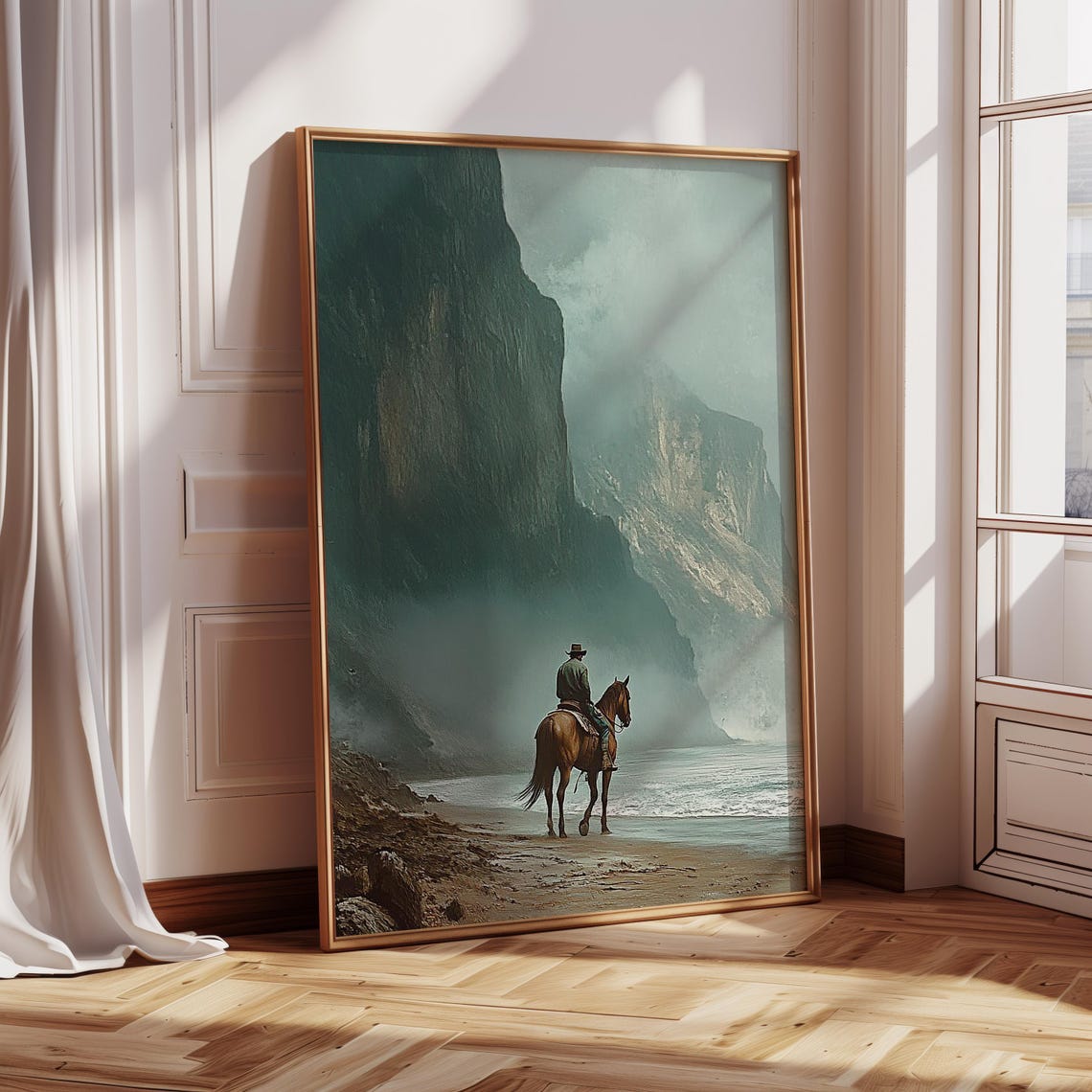 Tiny Cowboy And Horse On Beach Before Colossal Teal Sea Cliffs Poster