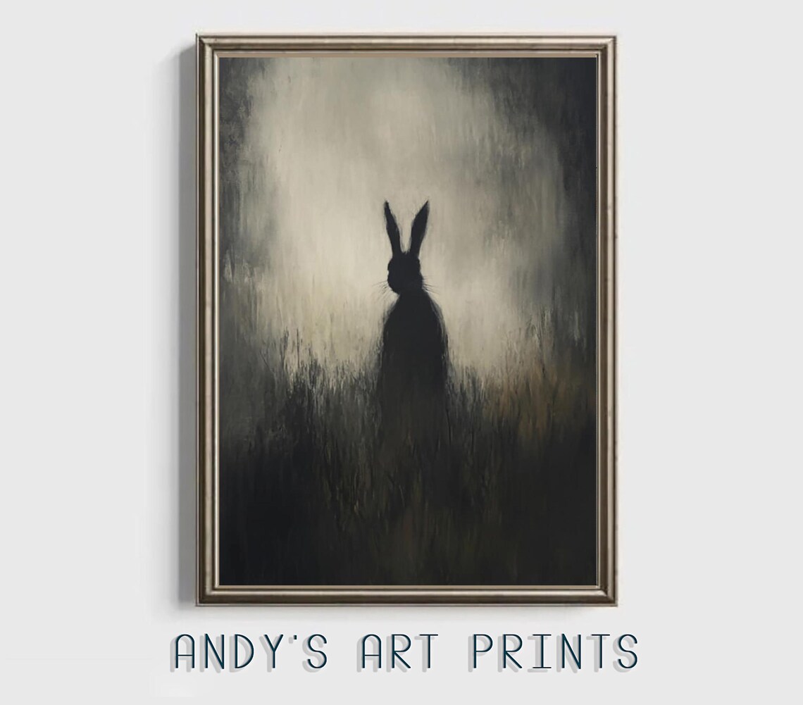 Mysterious Dark Hare Silhouette Standing In Misty Grey Meadow Poster - Image 3