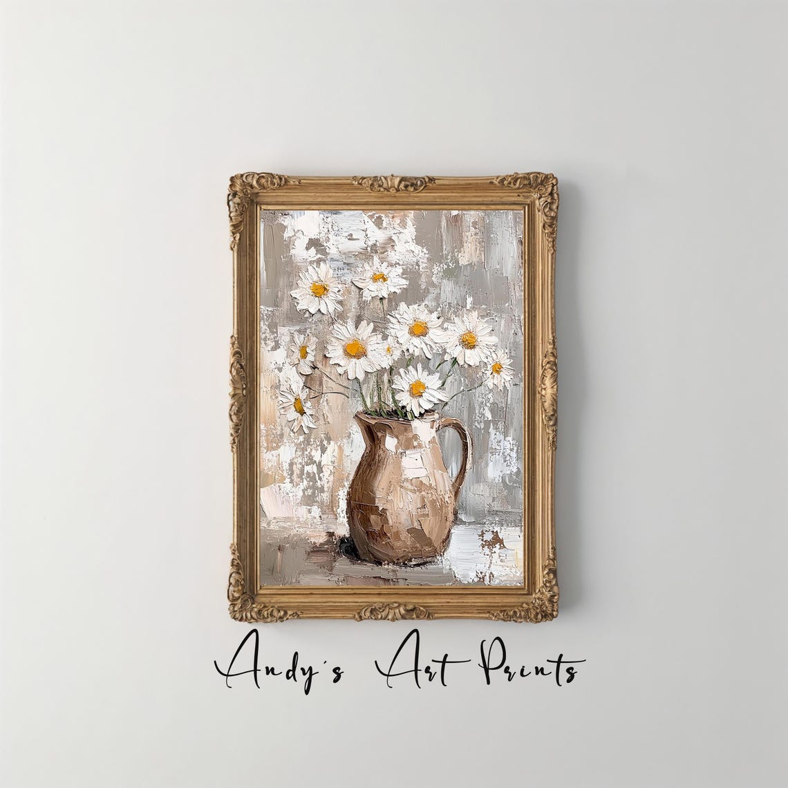 White Daisies in Ceramic Jug Textured Impasto Floral Wall Art - Image 3