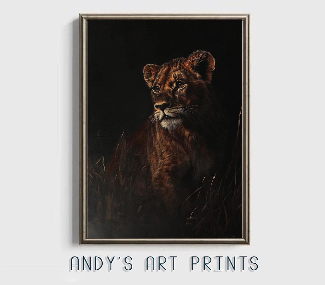 Lioness Emerging From the Dark in a Safari Oil Painting Poster