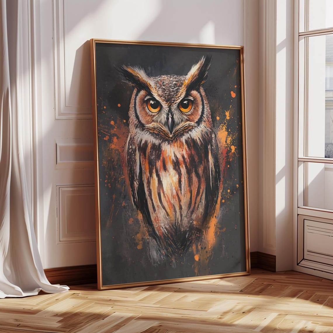 Fierce Great Horned Owl Portrait With Orange Splash Dark Art Poster