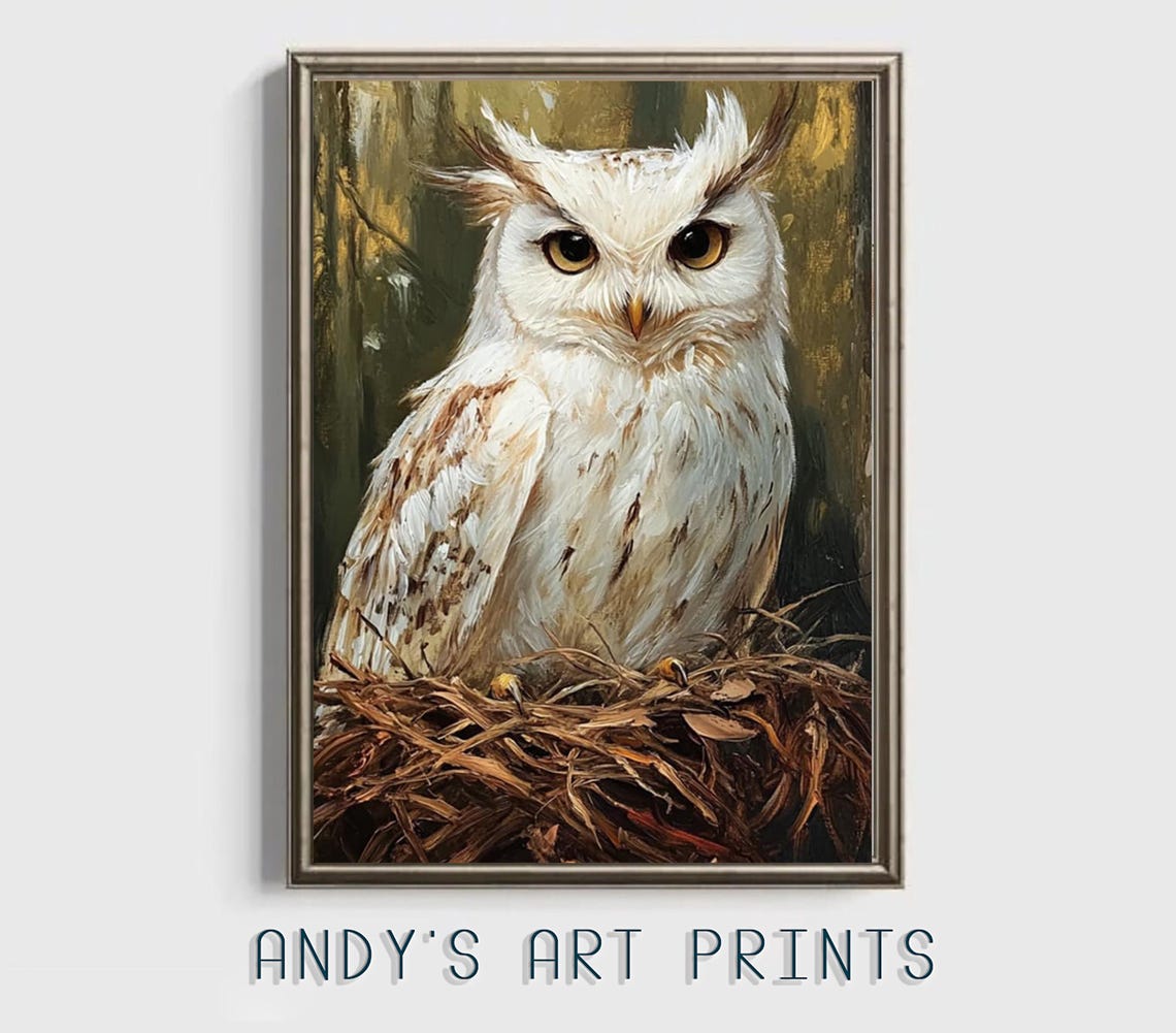 Charming White Owl Gazing From A Nest On Green Gold Backdrop Poster - Image 3