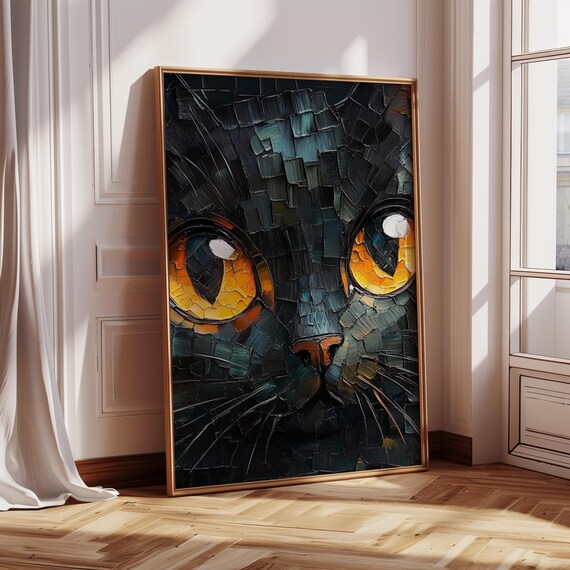 Black Cat Face Close Up With Glowing Golden Eyes Mosaic Art Print