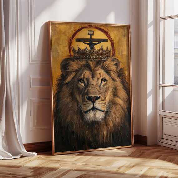 Crowned Lion Beneath The Cross Of Christ INRI Christian Poster