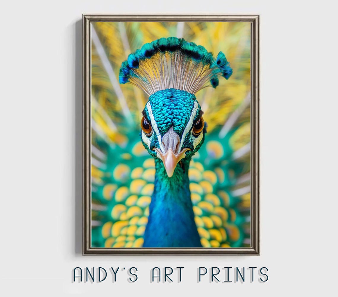 Peacock Head Close Up Vibrant Blue Green Feathers Art Poster - Image 2