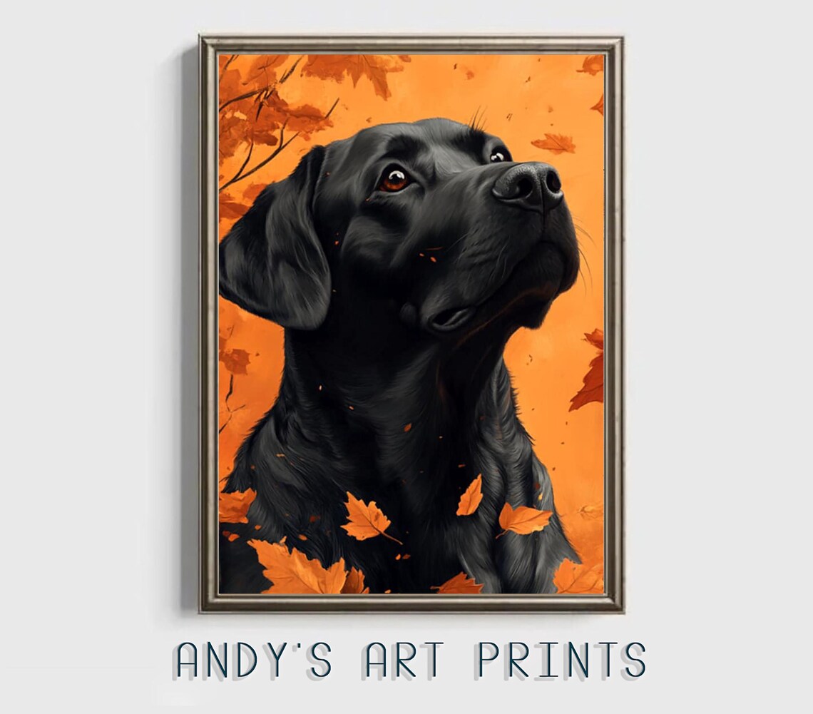 Black Labrador Portrait Among Falling Autumn Leaves Oil Poster - Image 3