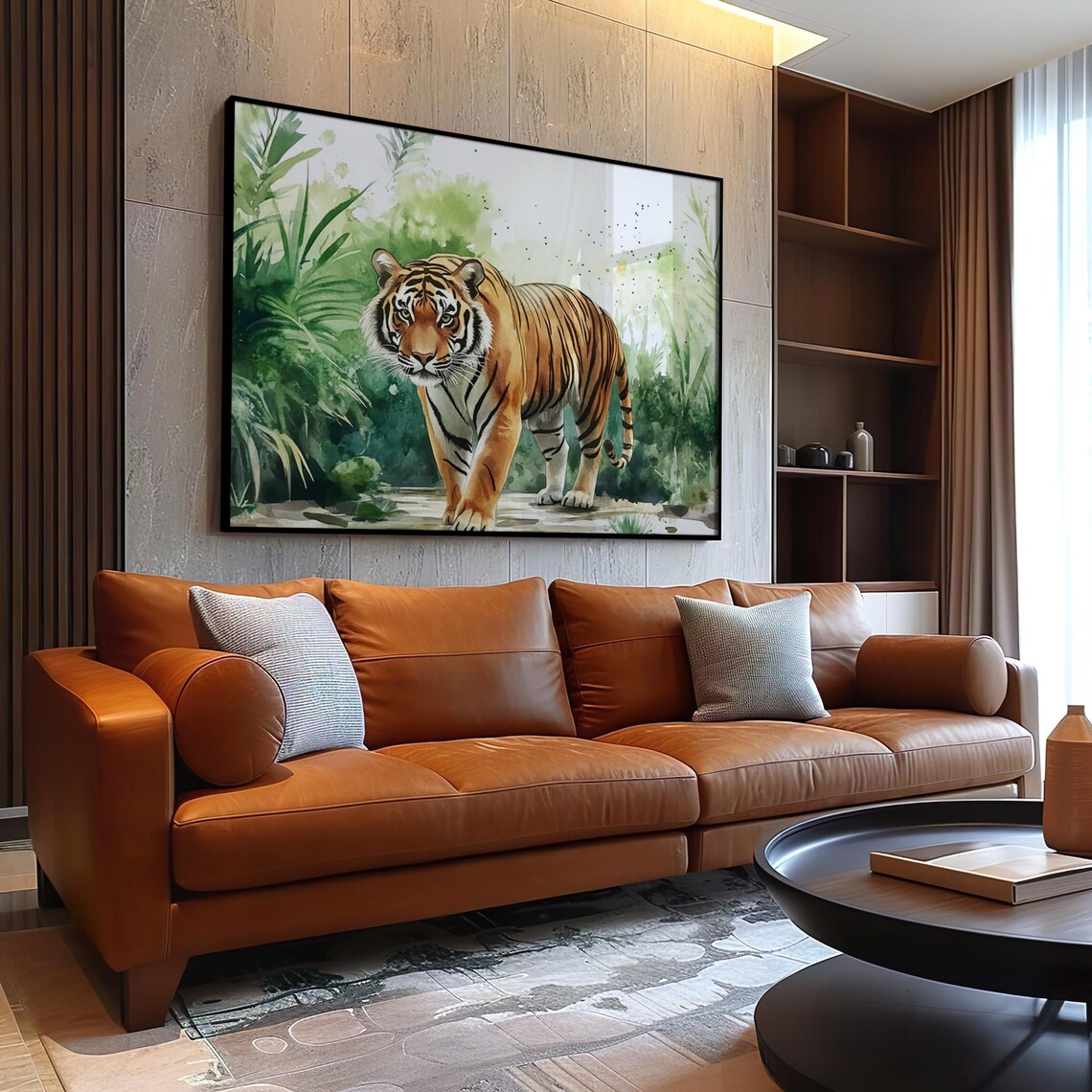 Tiger Walking Through Lush Green Jungle Watercolor Art Poster