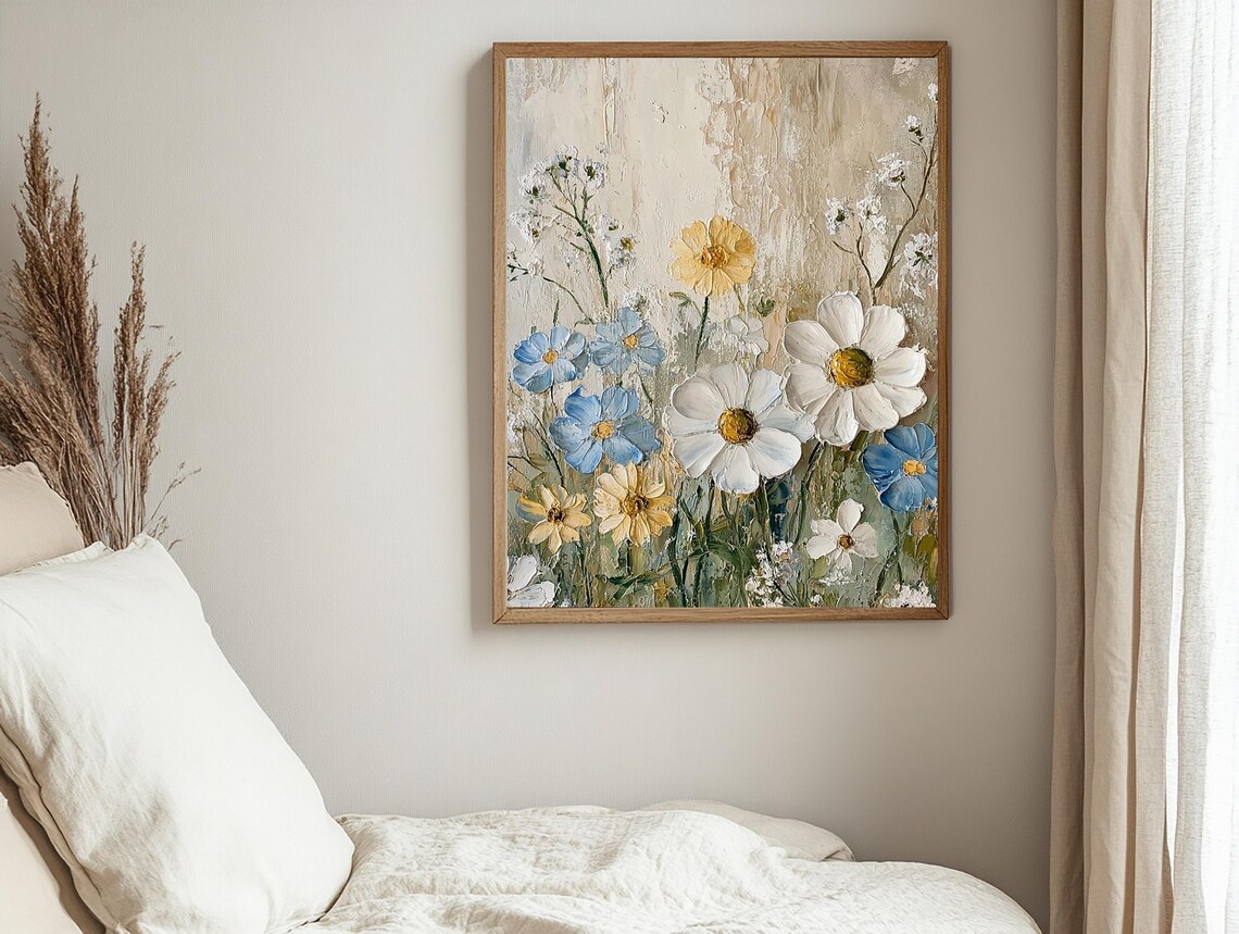 Soft Pastel Wildflowers In White Blue And Yellow Impasto Style Poster - Image 3