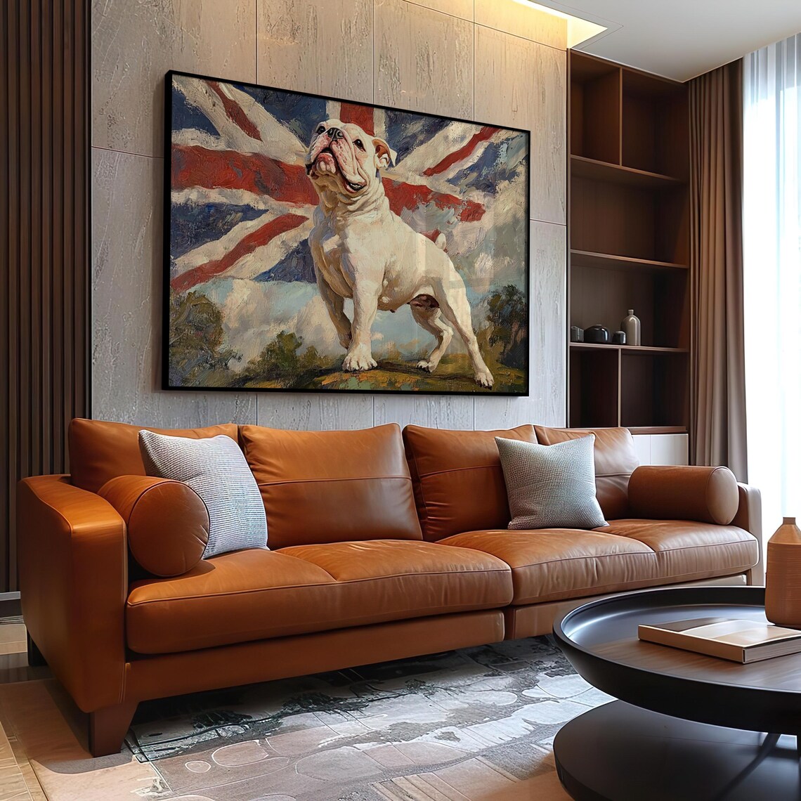 White English Bulldog Standing Before Union Jack Flag Oil Poster - Image 3