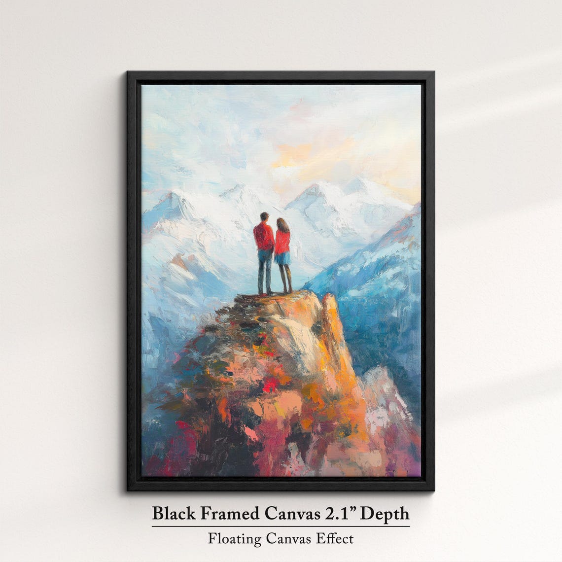 Romantic Couple On Cliff Edge Snowy Mountain Peak Love Art Poster - Image 2
