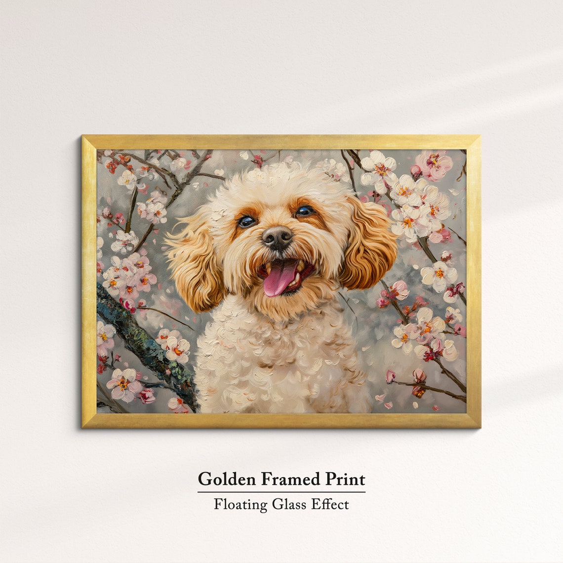 Smiling Golden Doodle In Pink Spring Blossoms Fluffy Dog Wall Poster - Image 5