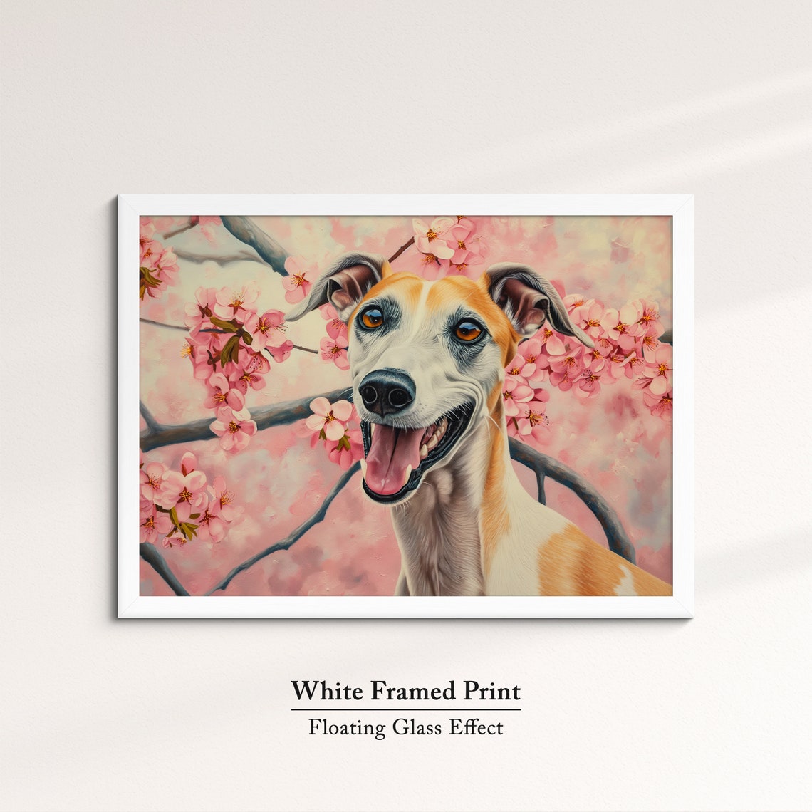 Tan And White Greyhound Grinning In Pink Blossoms Spring Art Poster - Image 7