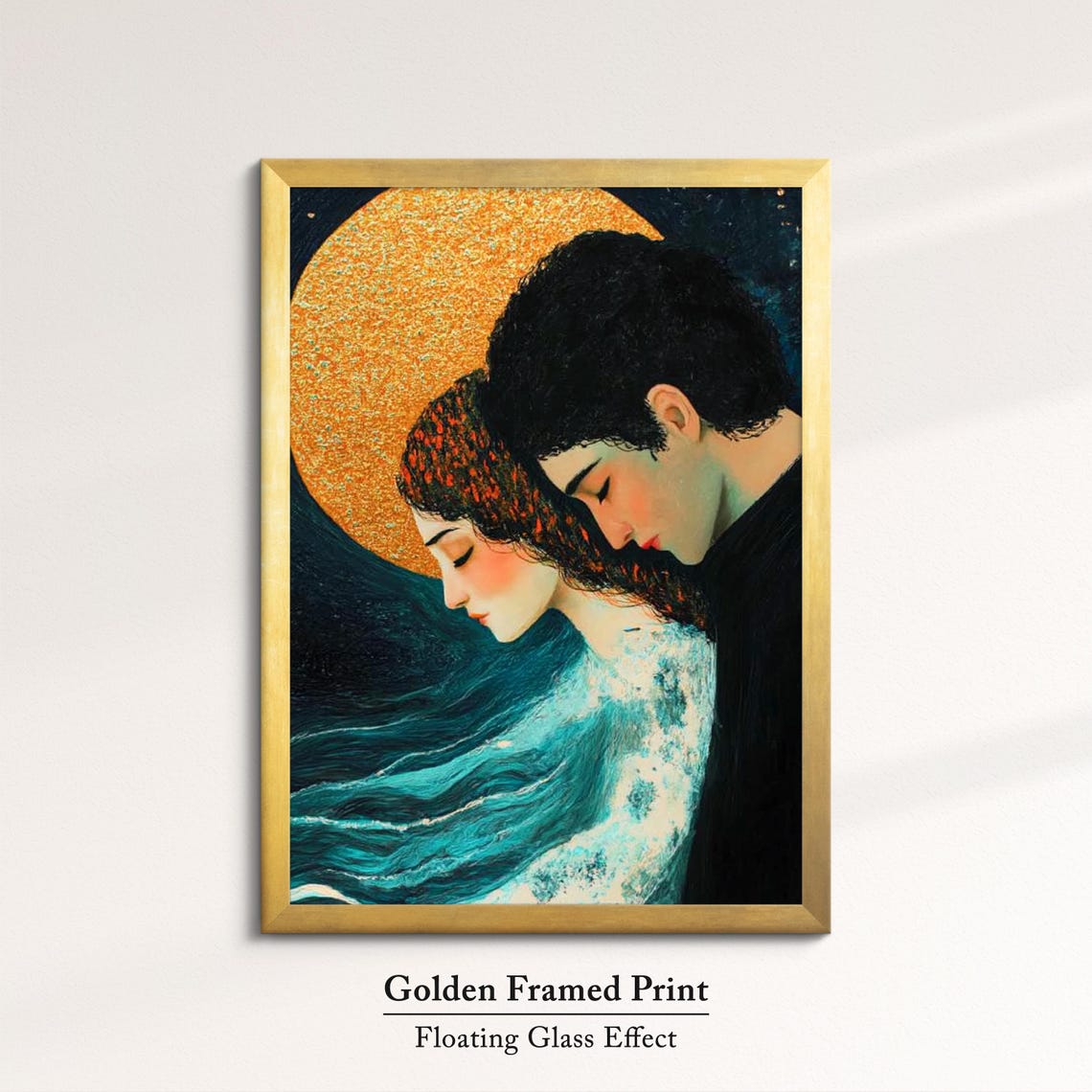 Couple Under Golden Full Moon Romantic Night Embrace Wall Art Print - Image 5