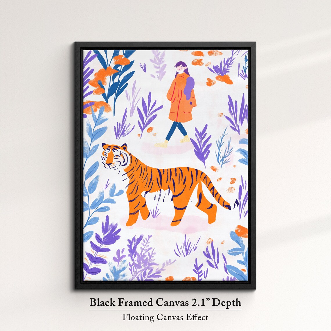 Tiger And Woman Walking Through Purple Botanical Garden Art Poster - Image 2