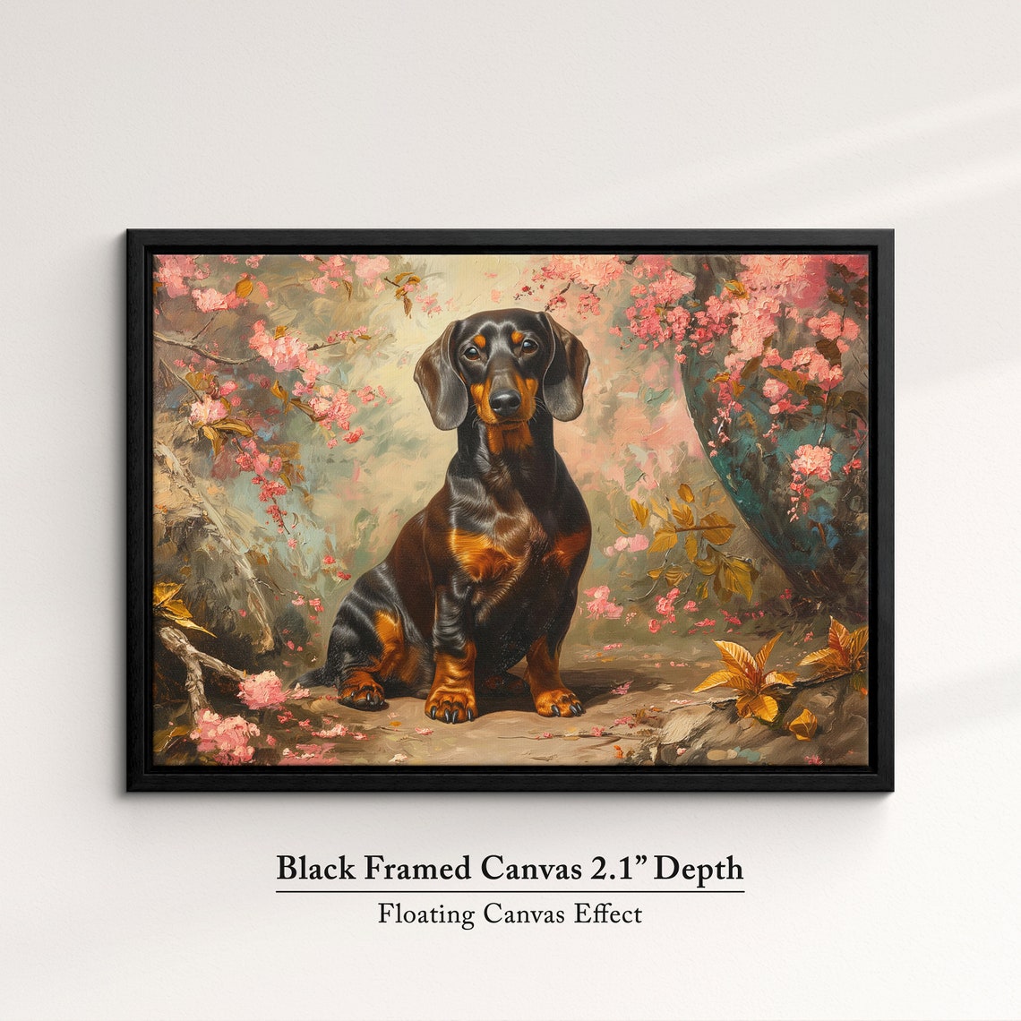 Black And Tan Dachshund In Pink Blossoms Golden Leaves Art Poster - Image 2