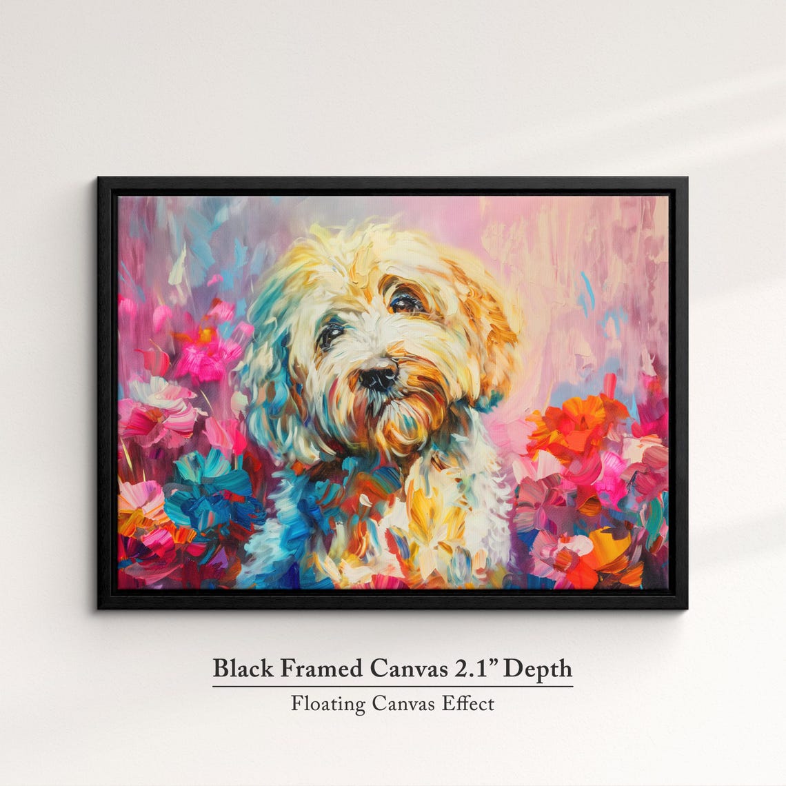 Fluffy White Cockapoo Dog Flowers Colorful Oil Painting Wall Art - Image 2
