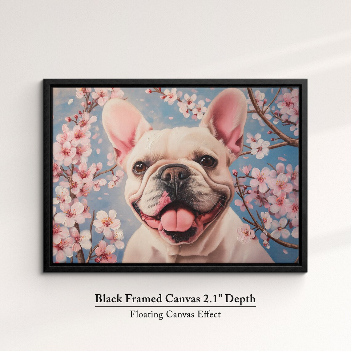 White French Bulldog Smiling In Cherry Blossoms Blue Sky Art Poster - Image 2