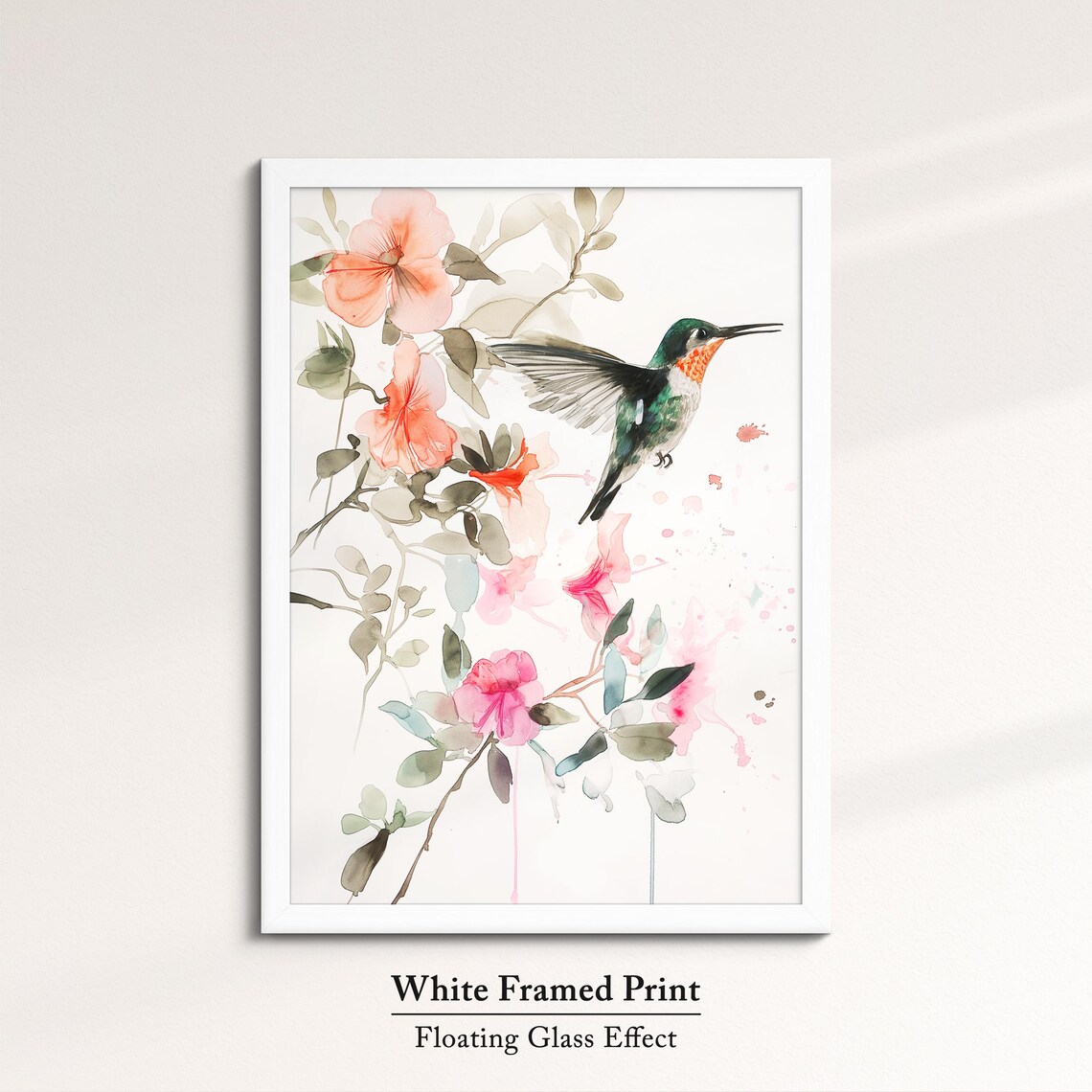 Hummingbird Pink Blossoms Soft Watercolor Floral Bird Wall Art Poster - Image 7