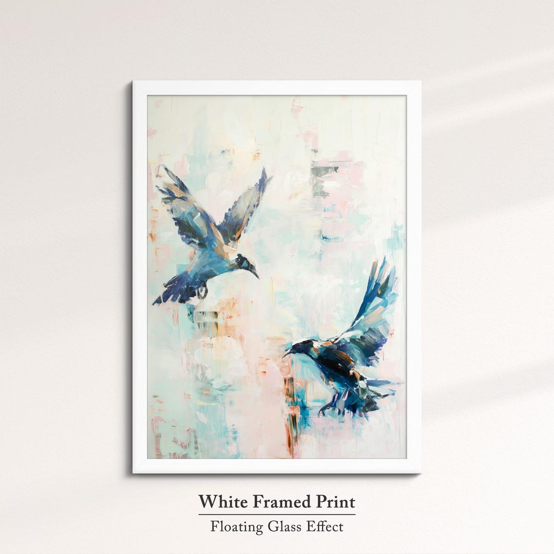 Two Crows In Flight Pastel Blue Watercolor Dark Bird Wall Art Poster - Image 7