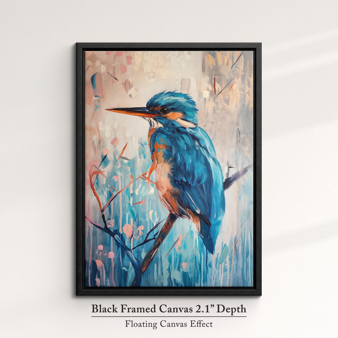 Kingfisher Blue Perched Branch Pink Teal Abstract Bird Painting Poster - Image 2