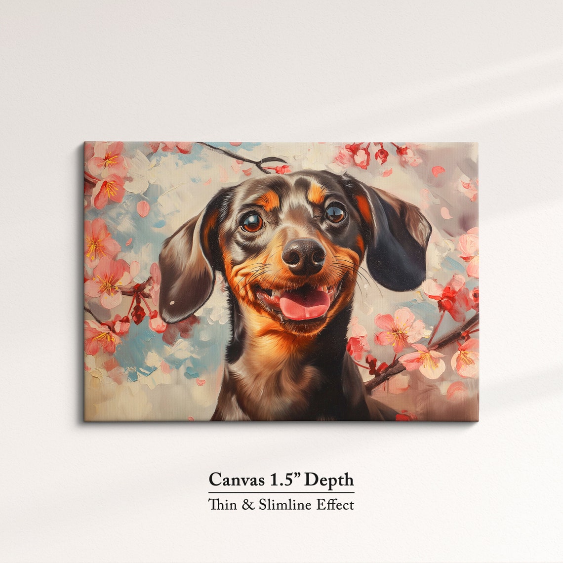 Cheerful Dachshund Face Close Up In Spring Cherry Blossoms Art Poster - Image 3