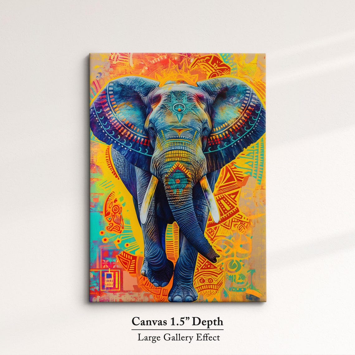 Blue Tribal Elephant Colorful Orange Yellow Folk Pattern Wall Poster - Image 3