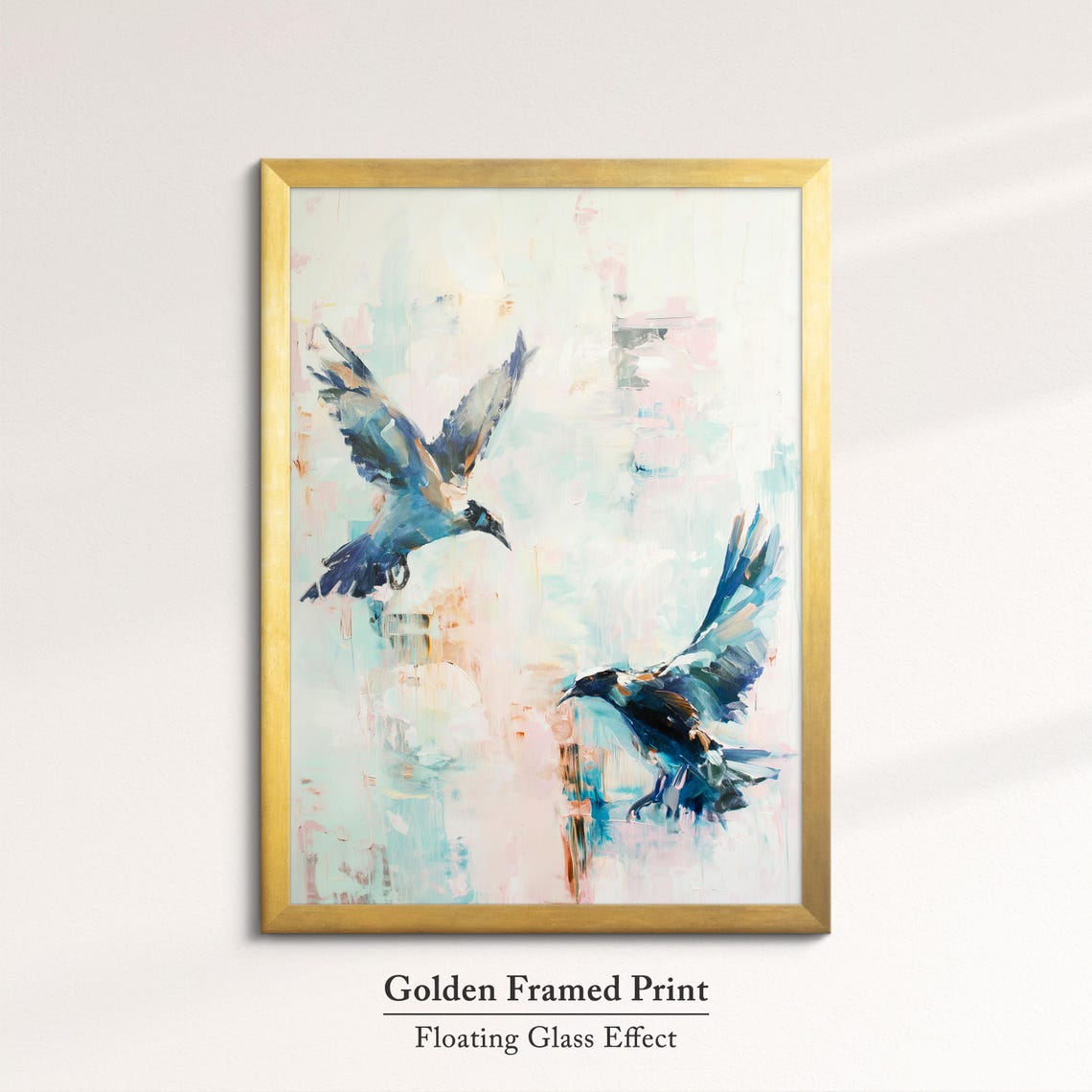 Two Crows In Flight Pastel Blue Watercolor Dark Bird Wall Art Poster - Image 5