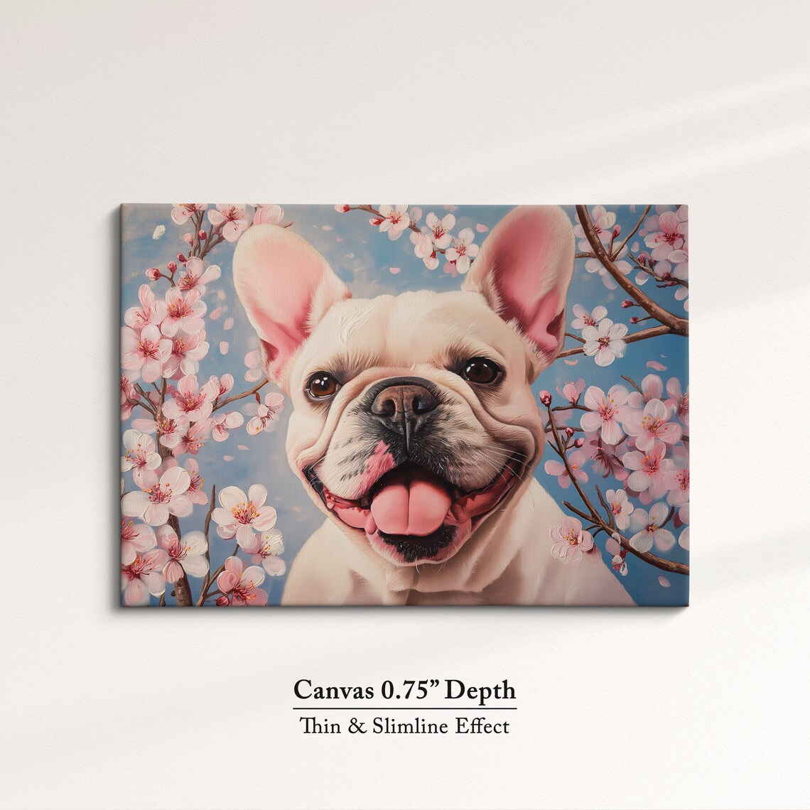 White French Bulldog Smiling In Cherry Blossoms Blue Sky Art Poster - Image 4