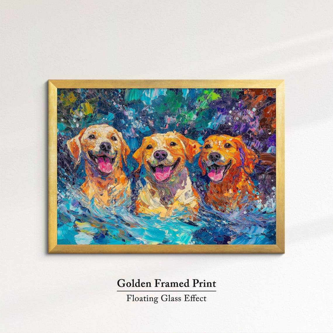 Three Golden Retrievers Swimming Joyful Blue Water Dog Art Print - Image 5