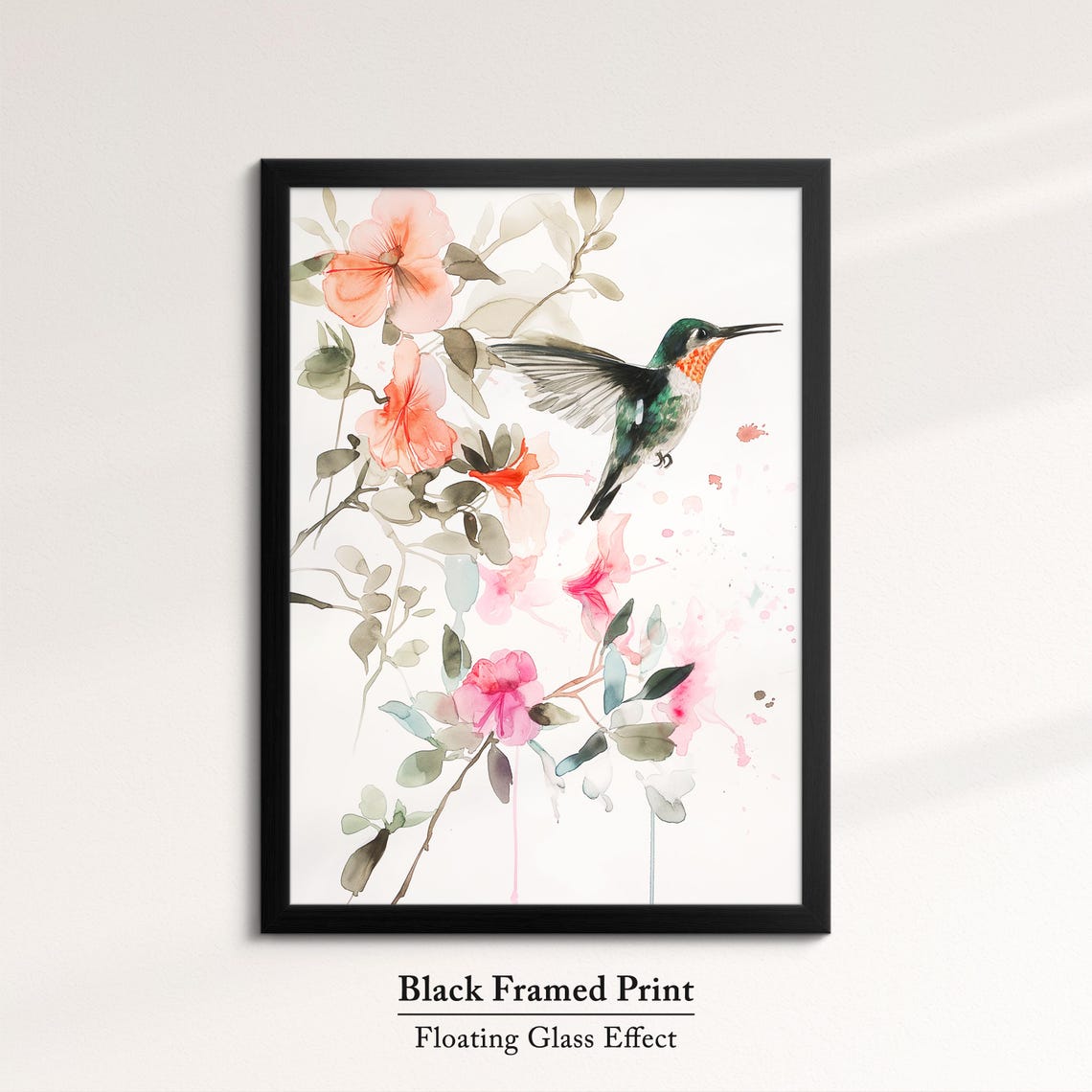 Hummingbird Pink Blossoms Soft Watercolor Floral Bird Wall Art Poster - Image 8