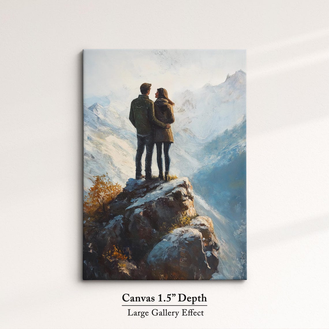 Couple Embracing On Snowy Mountain Summit Winter Romance Art Print - Image 3