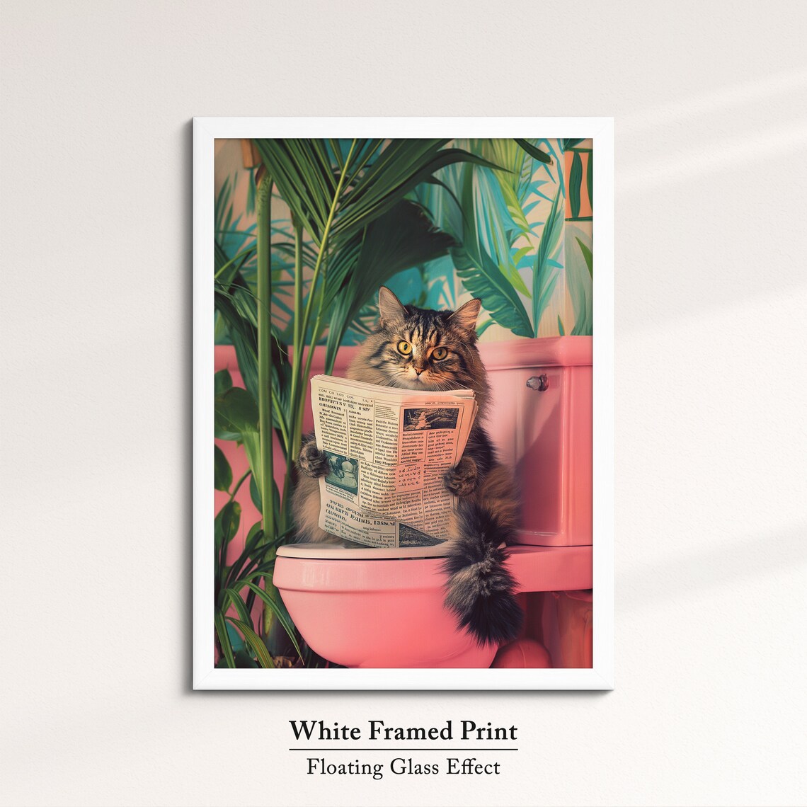 Funny Cat Reading Newspaper Pink Toilet Bathroom Quirky Wall Poster - Image 7