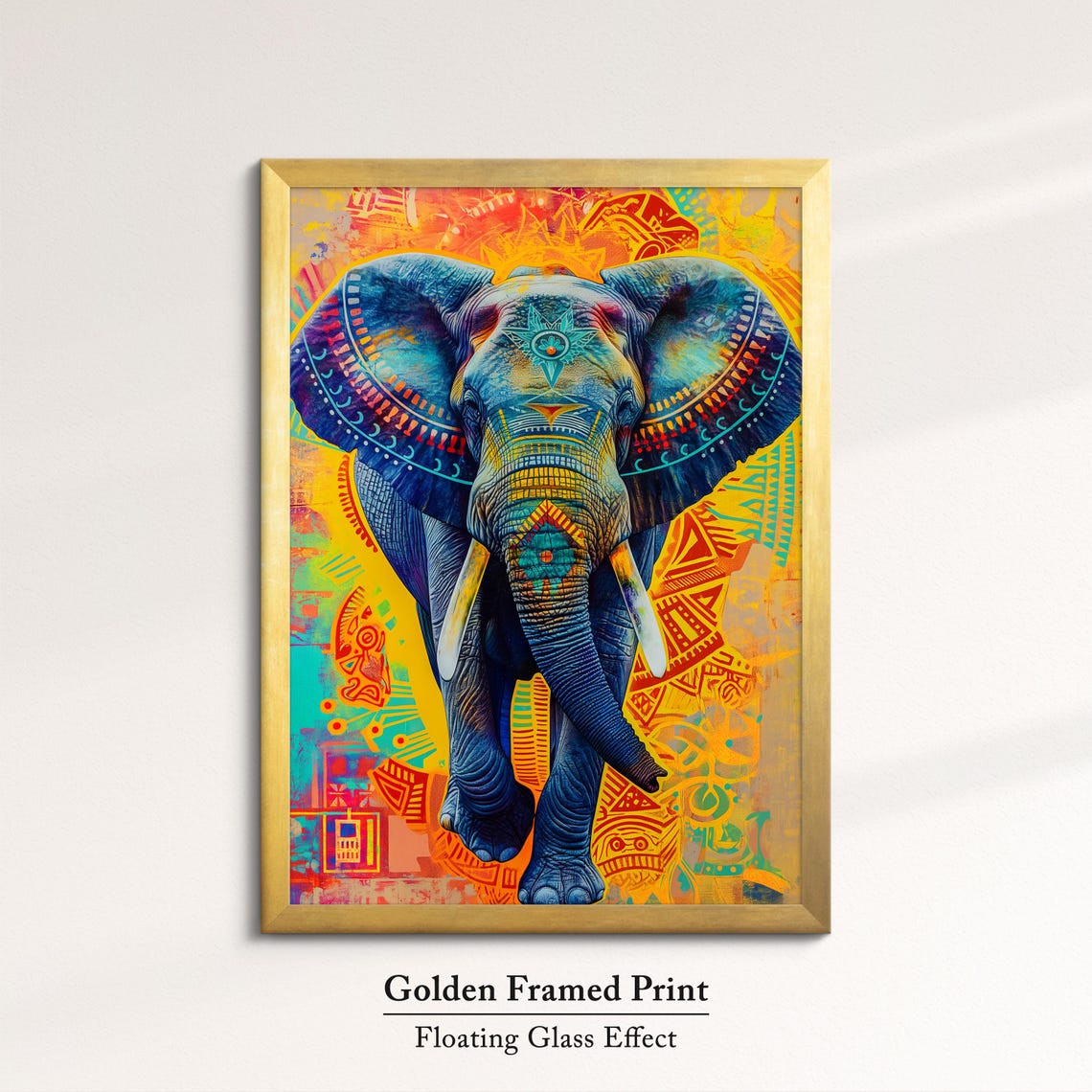 Blue Tribal Elephant Colorful Orange Yellow Folk Pattern Wall Poster - Image 5
