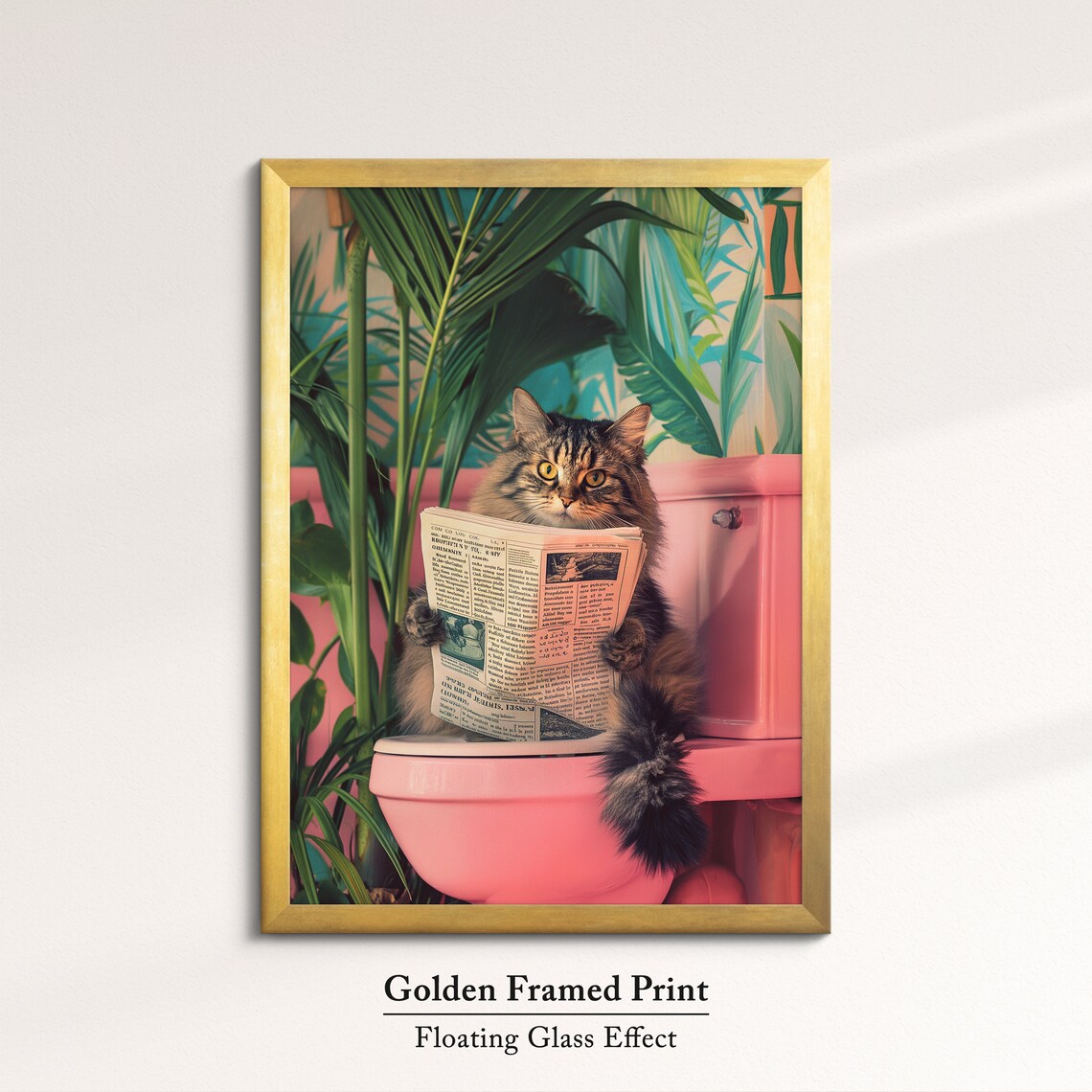 Funny Cat Reading Newspaper Pink Toilet Bathroom Quirky Wall Poster - Image 5