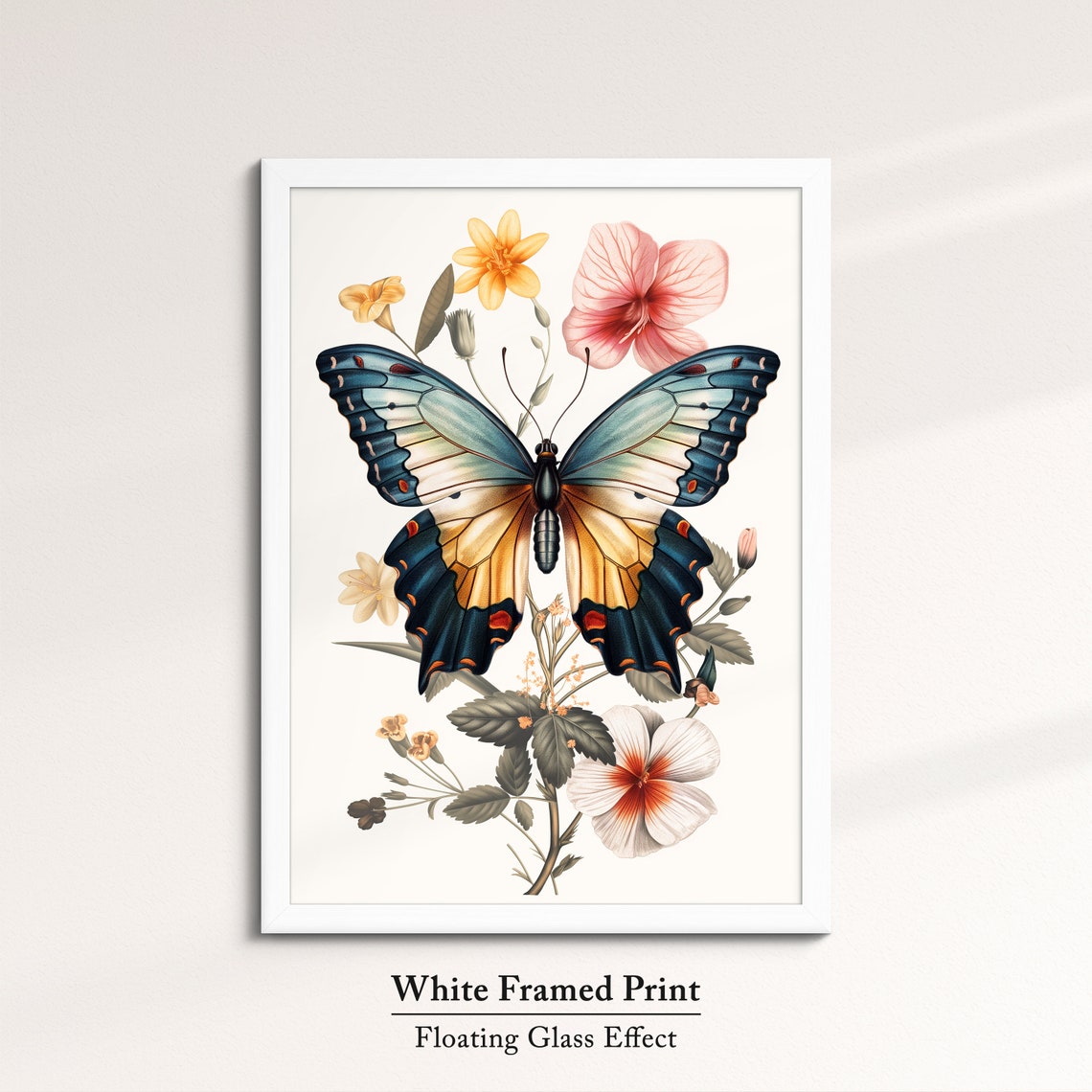 Vintage Botanical Swallowtail Butterfly With Flowers Cream Art Poster - Image 7
