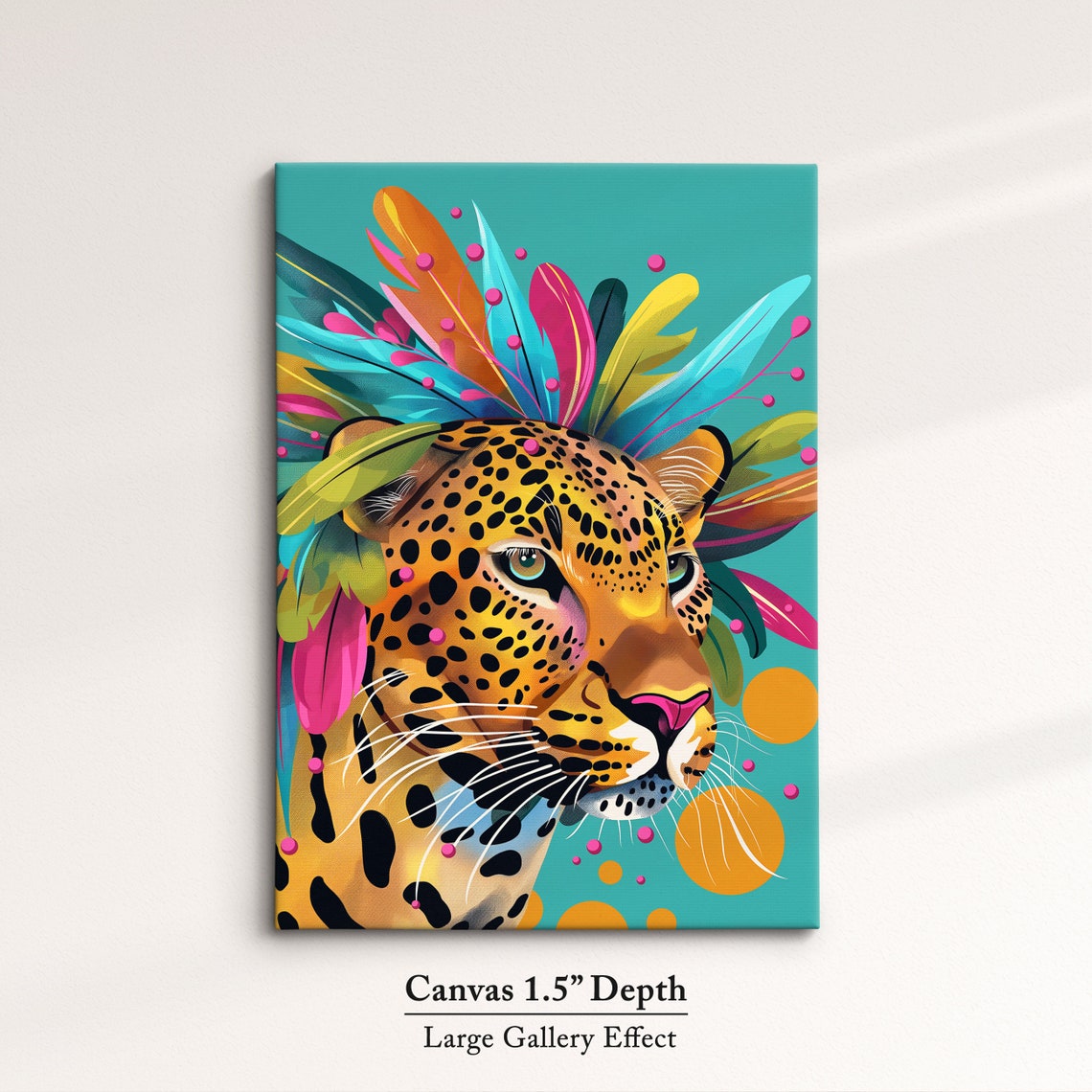 Leopard Profile Portrait With Feather Headdress Teal Art Poster - Image 3