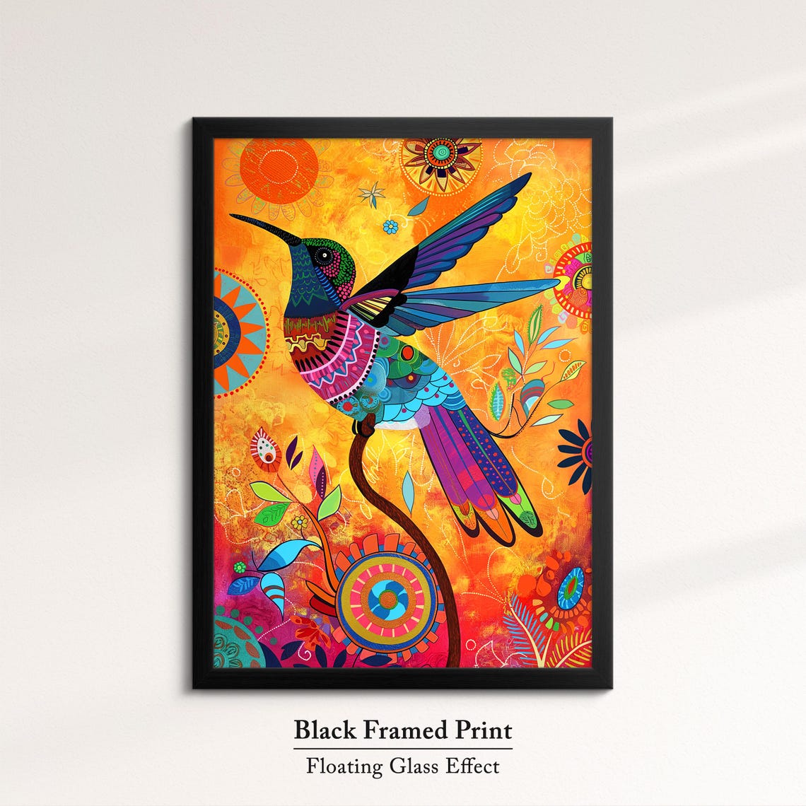 Colorful Hummingbird Folk Art Orange Mandala Background Wall Poster - Image 8