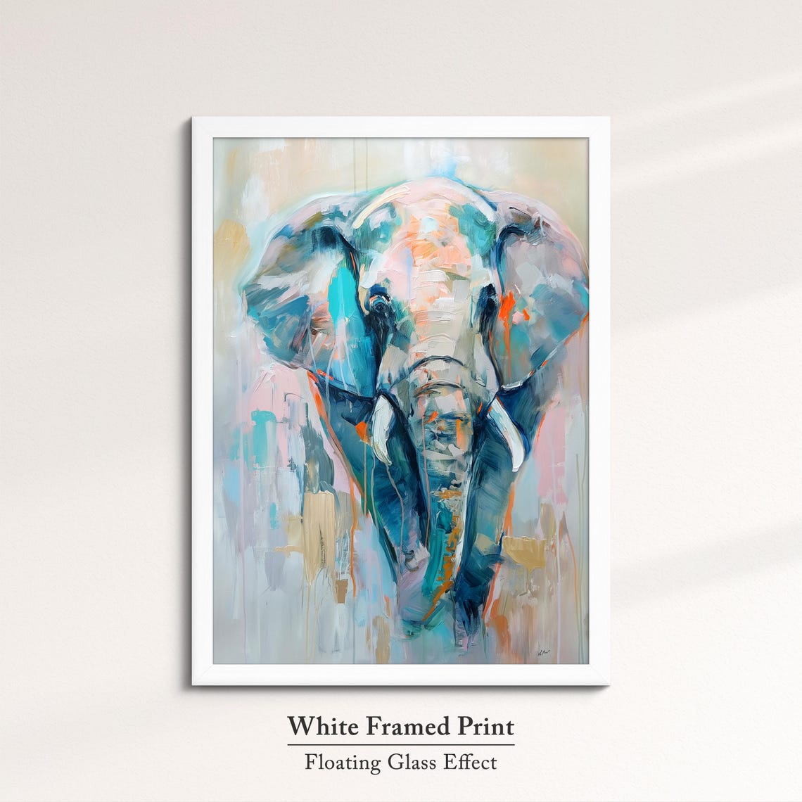 Elephant Front View Soft Teal Pink Paint Drip Abstract Wall Art - Image 7